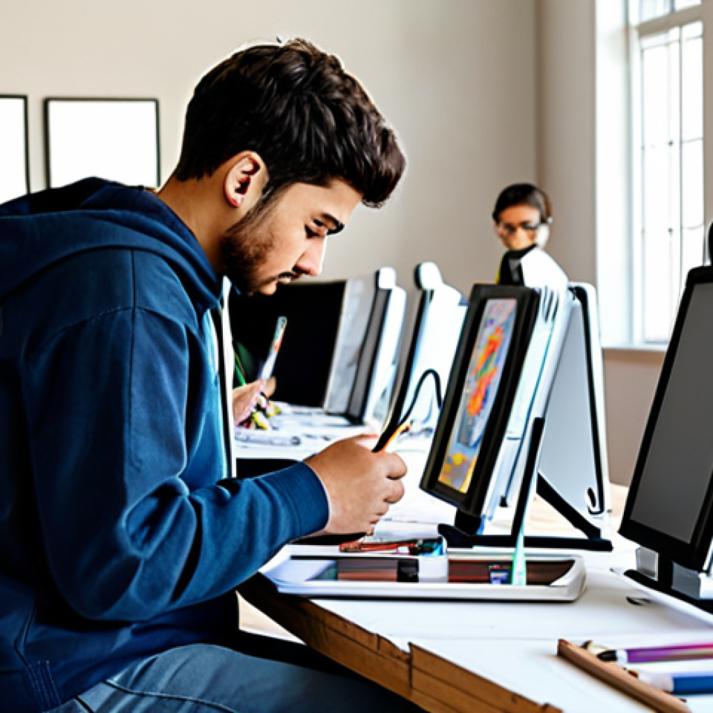 A diverse group of young adult artists and gamers, fully clothed in modest, comfortable yet stylish casual attire, engaged in a creative fan art workshop. They are sketching, painting, and collaborating on artworks inspired by a popular racing game, some proudly showcasing their completed pieces on digital tablets and easels. The setting is a brightly lit, modern community art studio, with various art supplies, framed artworks displayed on walls, and a positive, collaborative atmosphere. Professional photography, perfect anatomy, correct proportions, natural pose, well-formed hands, proper finger count, natural body proportions, vibrant colors, high detail, safe for work, appropriate content, fully clothed, family-friendly.