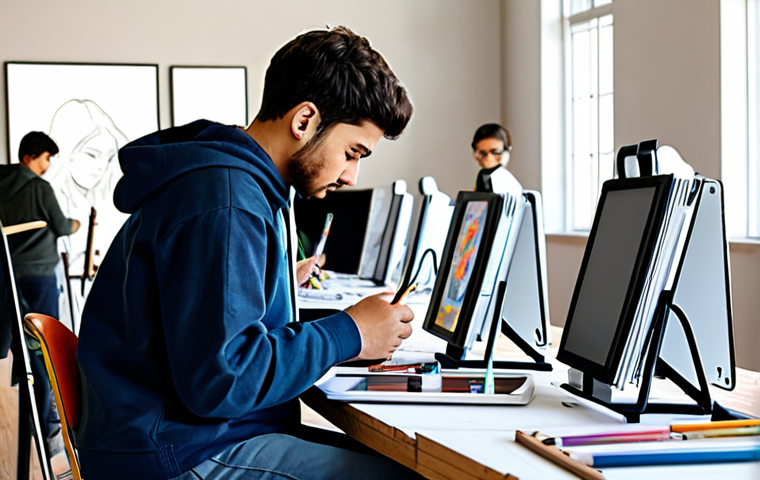 A diverse group of young adult artists and gamers, fully clothed in modest, comfortable yet stylish casual attire, engaged in a creative fan art workshop. They are sketching, painting, and collaborating on artworks inspired by a popular racing game, some proudly showcasing their completed pieces on digital tablets and easels. The setting is a brightly lit, modern community art studio, with various art supplies, framed artworks displayed on walls, and a positive, collaborative atmosphere. Professional photography, perfect anatomy, correct proportions, natural pose, well-formed hands, proper finger count, natural body proportions, vibrant colors, high detail, safe for work, appropriate content, fully clothed, family-friendly.