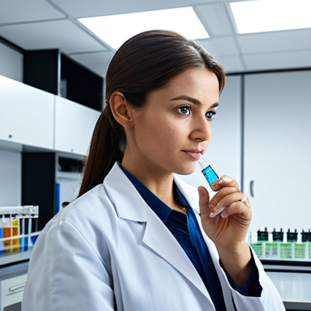 **

A professional female engineer in a fully clothed, modest lab coat, standing in a brightly lit, modern laboratory with advanced equipment. She is examining a vial with a focused expression. Perfect anatomy, correct proportions, natural pose, well-formed hands, proper finger count, natural body proportions. Safe for work, appropriate content, fully clothed, professional.

**