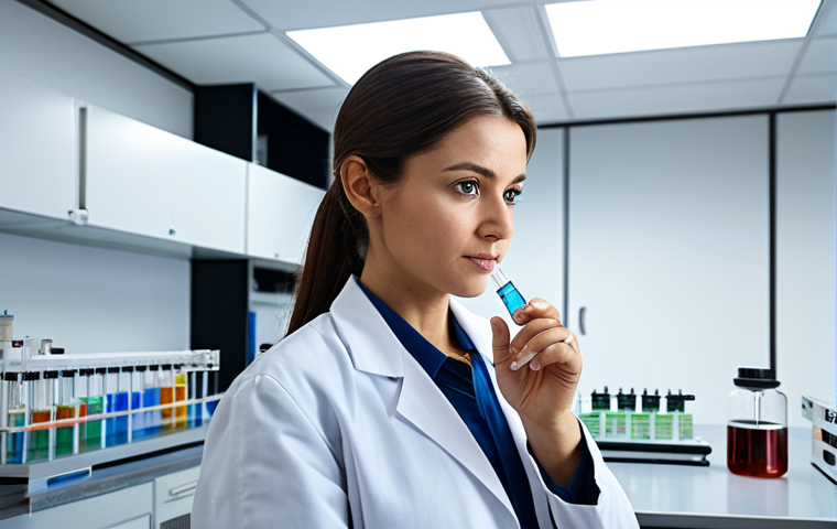 **
A professional female engineer in a fully clothed, modest lab coat, standing in a brightly lit, modern laboratory with advanced equipment. She is examining a vial with a focused expression. Perfect anatomy, correct proportions, natural pose, well-formed hands, proper finger count, natural body proportions. Safe for work, appropriate content, fully clothed, professional.
**