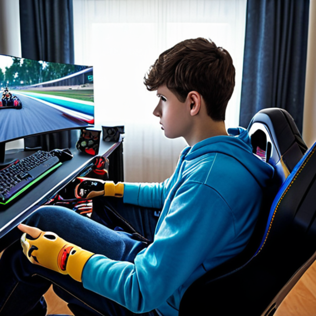 **

"A determined young gamer fully clothed in casual attire, intensely focused on a kart racing game on a monitor. The room is modestly decorated with gaming posters and gear. Safe for work, appropriate content, professional lighting, perfect anatomy, family-friendly, high resolution."

**