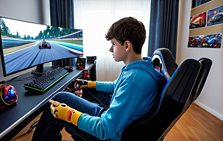 **
"A determined young gamer fully clothed in casual attire, intensely focused on a kart racing game on a monitor. The room is modestly decorated with gaming posters and gear. Safe for work, appropriate content, professional lighting, perfect anatomy, family-friendly, high resolution."
**