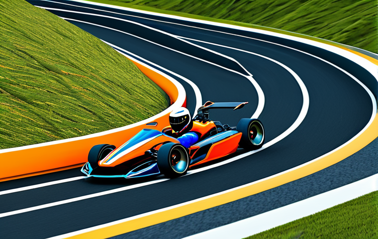 카트라이더 신규 트랙 분석 - Futuristic Kart Racing Track Design**
"A futuristic kart racing track with steep slopes and winding...