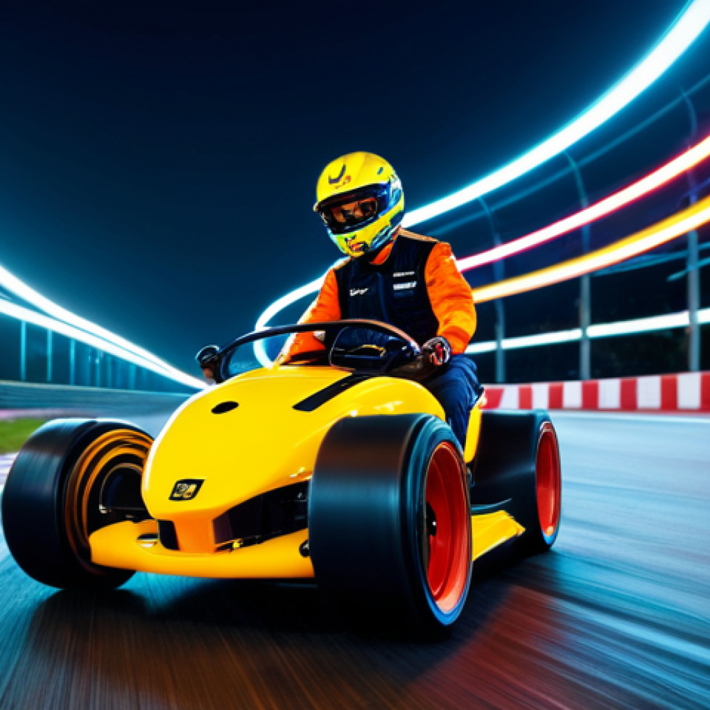 카트라이더 초보 유저와 글로벌 커뮤니티 활용 - A determined young কার্ট রাইডার in professional attire, drifting around a sharp turn on a neon-lit t...