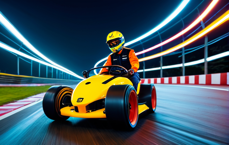 카트라이더 초보 유저와 글로벌 커뮤니티 활용 - A determined young কার্ট রাইডার in professional attire, drifting around a sharp turn on a neon-lit t...