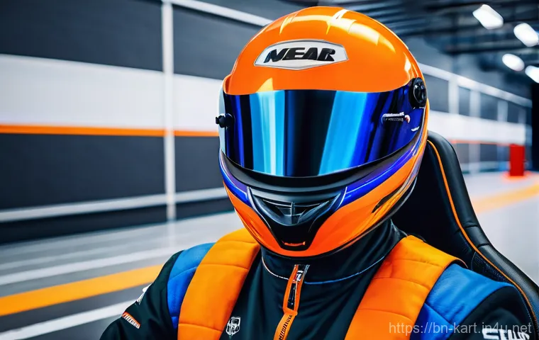 카트라이더 카트 강화 성공률 - A young, focused kart racer, dressed in a sleek, modern racing jumpsuit (no exposed skin), stands th...