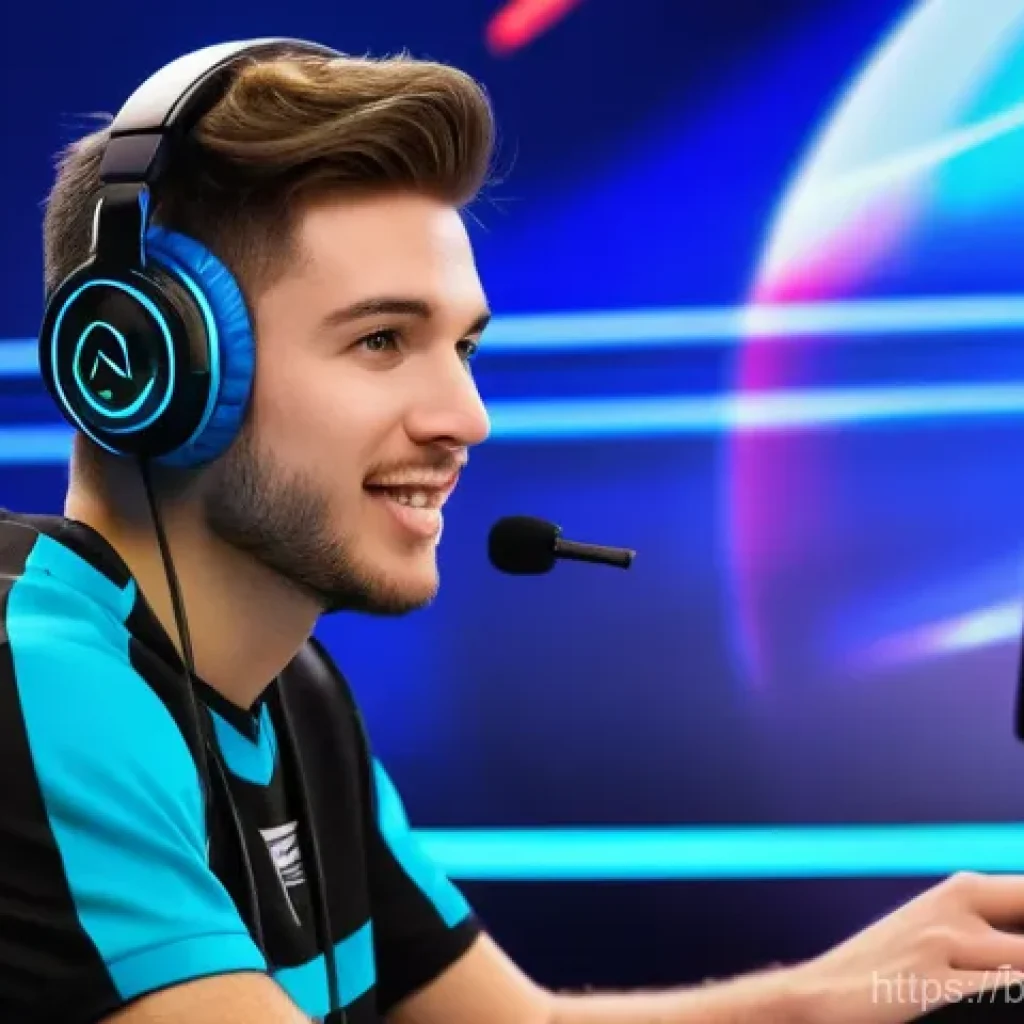 카트라이더 공식 리그 대회 해설 - **Prompt:** A dynamic, medium shot of a male esports commentator in his late 20s, with a charismatic...