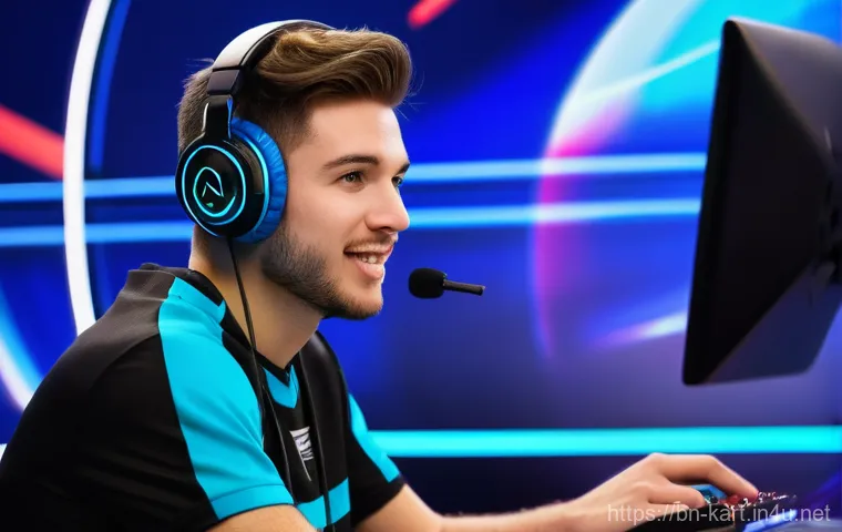 카트라이더 공식 리그 대회 해설 - **Prompt:** A dynamic, medium shot of a male esports commentator in his late 20s, with a charismatic...