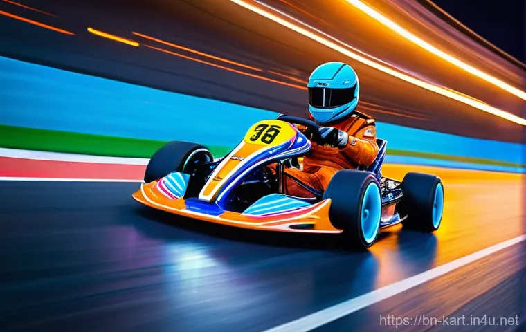 카트라이더 초보 유저의 트랙 활용 비법 - **Dynamic Drift on a Neon Track:**
    A vibrant and detailed image of a stylized racing kart, drive...