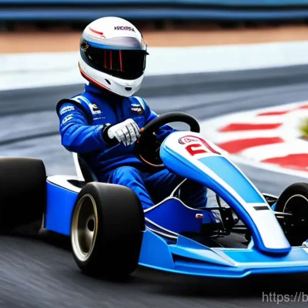 카트라이더 초보 유저를 위한 트랙 공략 모음 - **A KartRider character, like Dao, wearing a full, vibrant blue and white racing suit with a matchin...