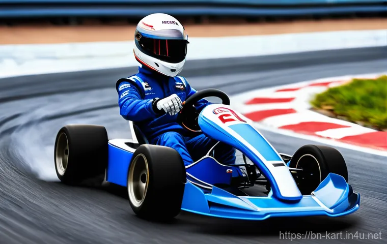 카트라이더 초보 유저를 위한 트랙 공략 모음 - **A KartRider character, like Dao, wearing a full, vibrant blue and white racing suit with a matchin...