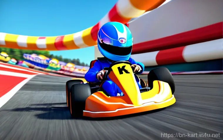 카트라이더 초보 유저를 위한 트랙 공략 모음 - **A KartRider character, like Dao, wearing a full, vibrant blue and white racing suit with a matchin...