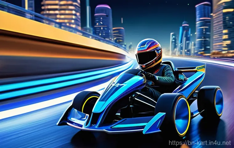 카트라이더 신규 출시 트랙 미리보기 - **Prompt 1: Starlight City Racer**
A dynamic, eye-level action shot of a vibrant KartRider chara...