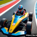 카트라이더 신규 출시 트랙 비평 - A vibrant and dynamic high-angle shot showcasing a futuristic racing kart skillfully navigating a ne...