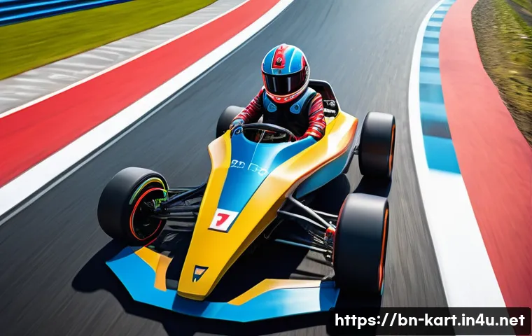 카트라이더 신규 출시 트랙 비평 - A vibrant and dynamic high-angle shot showcasing a futuristic racing kart skillfully navigating a ne...