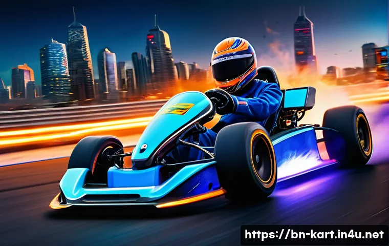 카트라이더 베스트 공략 추천 - **Prompt:** A dynamic, low-angle shot of a sleek, brightly colored racing kart, mid-drift on a futur...