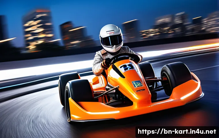 카트라이더 초보 유저를 위한 드리프트 비결 - **Prompt:** A sleek, futuristic racing kart, painted in vibrant orange and metallic silver, is captu...